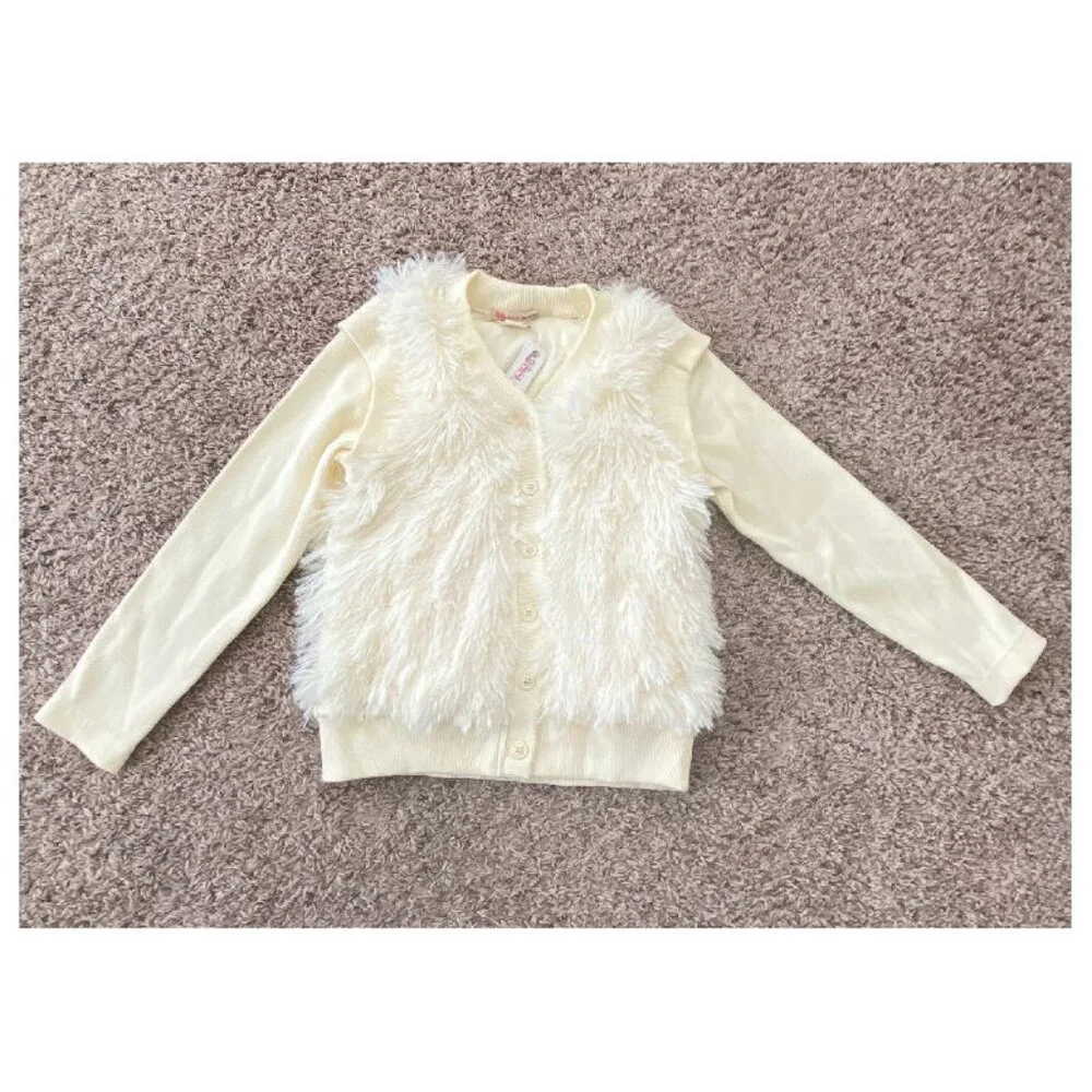 sz S/7 Ragdoll‎ & Rockets Cream Faux Fur Knit Girls Cardigan Button Down NWT